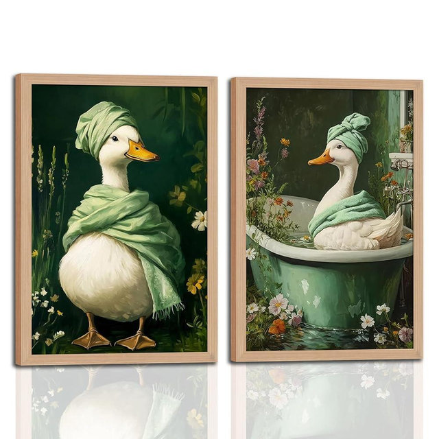 2Pcs wooden Framed Spa Duck Wall Art Canvas Prints, Cute Duck Bathroom Décor with Bathtub & Towel, Vintage Green Aesthetic Picture for Bathroom, Laundry Room, Bedroom Home Wall 16x24in