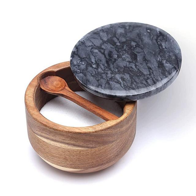 KITCHENDAO Large Wood Salt Box with Built-in Serving Spoon, Salt Cellar Spice Seasonings Keeper, Black Marble Lid, Solid Natural Acacia Base, Big Capacity Pepper Sealer Pinch Bowl - 10oz Capacity