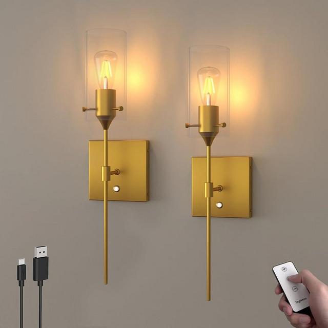 ThyFenno Battery Operated Wall Sconce with Remote Control, Dimmable Wall Mounted Light Set of Two Rechargeable, Brass Cordless Wall Lamp for Bedroom Bathroom Kitchen Vanity Mirror, Bulb Included