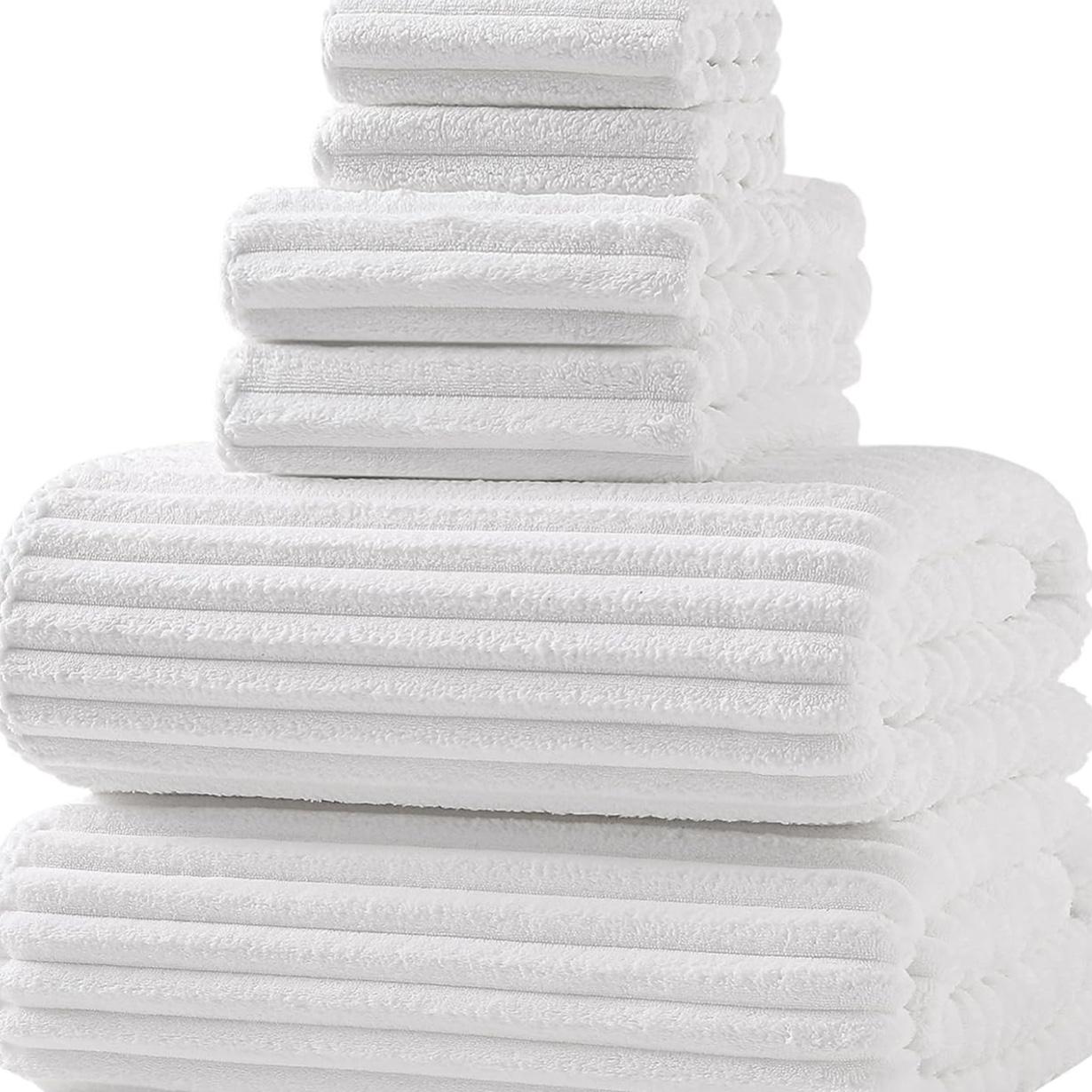 XIQ 39x79 Inches Bath Sheets Set Extra Large Bath Towels for Adults Luxury Super Soft Absorbent Striped with Hanging Loop Microfiber Shower Towels for Bathroom(White, 6PCS)