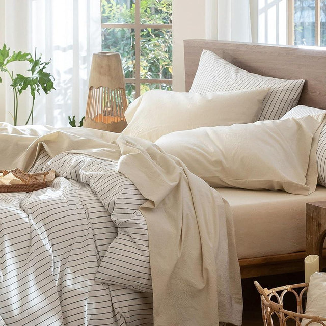 MooMee Bedding Sheet Set 100% Washed Cotton Linen Like Textured Breathable Durable Soft Comfy (Heathered Almond Milk Grey, Full)