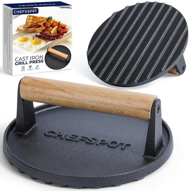 CHEFSPOT Preseasoned Cast Iron Round Grill Press - Rigged Surface