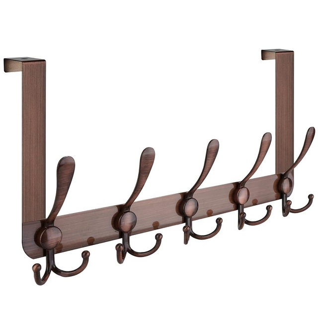 TICONN Over The Door Hooks, 5 Heavy Duty Tri Coat Rack All Metal Coat Hanger for Bathroom Bedroom Dorm (Antique Bronze, 1PK, Fit 1-3/4" Doors)