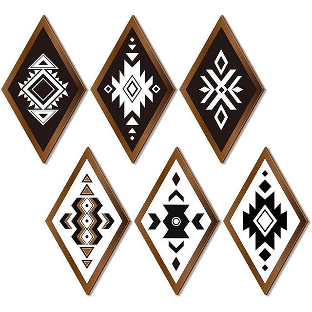 6 Pcs Farmhouse Home Wall Decor Western Aztec Geometric Diamond Frame Wall Hanging Boho Modern Abstract Art Prints Wooden Diamond Sign Style Decorations for Bedroom Living Room Bathroom Apartment