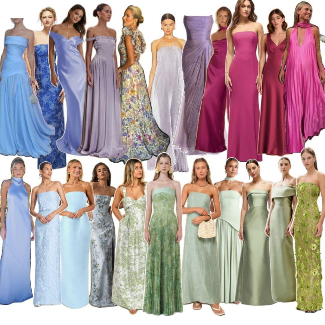 Women should wear a floor-length gown in a spring color. Please avoid patterns and light pink, as our bridesmaids will be in that shade. We can’t wait to see you looking your best!