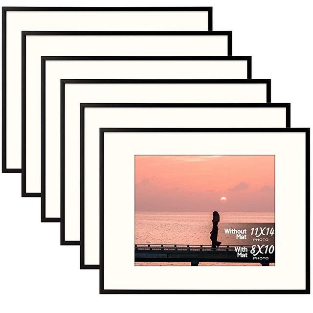Set of Six - 11x14 Black Aluminum Frame - Ivory Mat for 8x10 Photo - Wall Mounting - Swivel Tabs, Spring Clips, Sawtooth Hangers - Aluminum Metal - Landscape/Portrait - Real Glass (Black - Set of 6)
