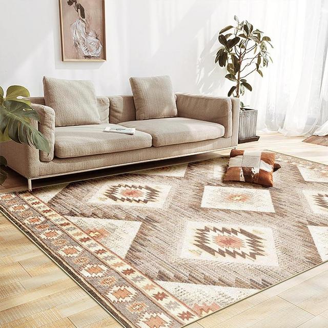 BESTSWEETIE 5x7 Area Rugs, Washable Area Rug, Non Slip Floor Carpet, Low Pile Doormat, Ultra Soft Faux Wool Vintage Moroccan Rugs for Living Room Dinning Room Bedroom Kitchen Indoor-Cream/Camel