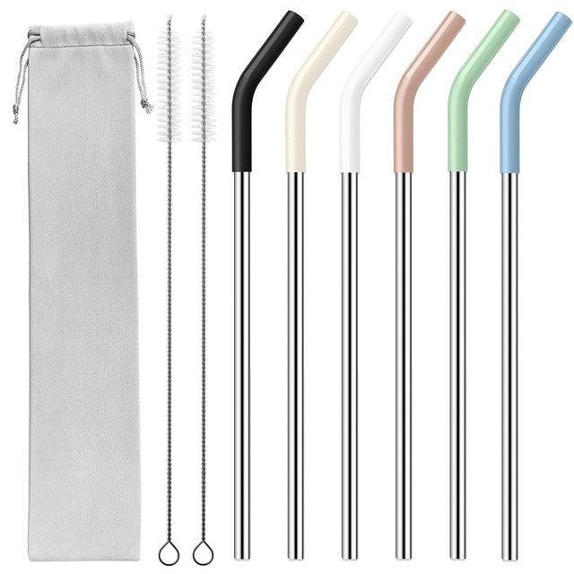 40 oz Stainless Metal Straws for 40 oz Stanley Tumbler, 6Pcs Reusable Straight Long Steel Straws with 12 Silicone Tips and 2 Straw Cleaning Brushes (6Color1, 40oz)