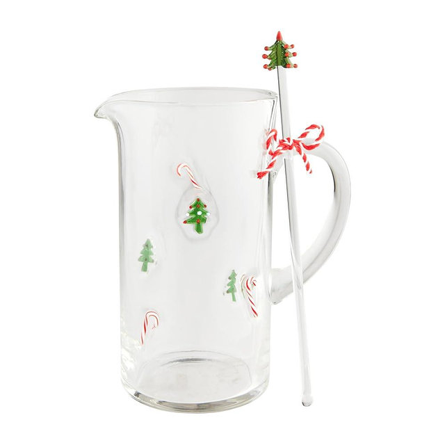 Mud Pie Glass Candy Cane Pitcher; Pitcher 50 Oz | Stirrer 10 1/2"