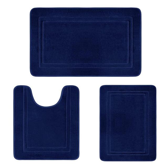 Memory Foam Bathroom Rug Velet Bath Mats Sets 3 Pieces Ultra Soft Non Slip and Absorbent Toilet Mats Set Carpet Washable, Navy Blue, Square Pattern