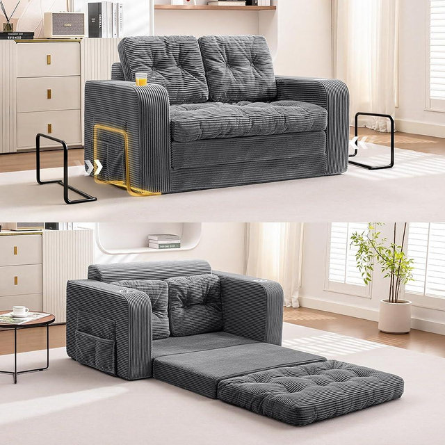 ALLGOD Grey Convertible Sofa Bed with Pillows, Pull Out Couch with Cup Holder and Fixed-Shape Frame, 2 in 1 Small Folding Sofa Bed Loveseat Sleeper Bed for Bedroom Living Room Guest Room