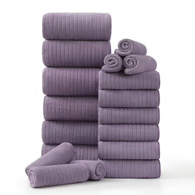 18 Piece Family Bath Towel Set Include 6 Bath Towels,6 Hand Towels and 6 Washcloths Soft Bathroom Towel with Hanging Loops,Highly Absorbent Quick Dry Towels Set for Bathroom,Hotel and Spa-Dark Purple