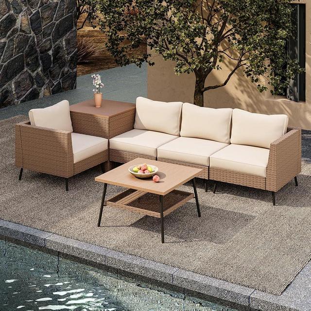 LAUSAINT HOME 6 Pieces Outdoor Patio Furniture Sets,Rattan Conversation Sectional Set with Cushions and Storage Box,Patio Sofa with Outdoor Table