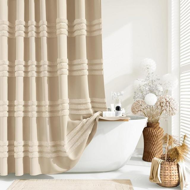 Dynamene Long Fabric Shower Curtain - 72x78 Inch Textured Tufted Chenille Striped Tall Cloth Shower Curtains for Bathroom Decor, Large Hotel Spa Luxury Waterproof Shower Curtain Set with Hook, Beige