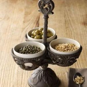 GG COLLECTION Acanthus Condiment Server 3 Cream Holders W/ Brown Metal Stand