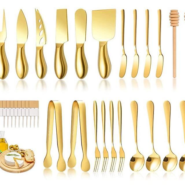 LifeMusican Gold Cheese Knife Set For Charcuterie Board Accessories, Stainless Steel Cheese Slicer And Butter Spreader knives Kit With Serving Tongs, Spoons, Forks, Flags Cheese Markers, Honey Dipper