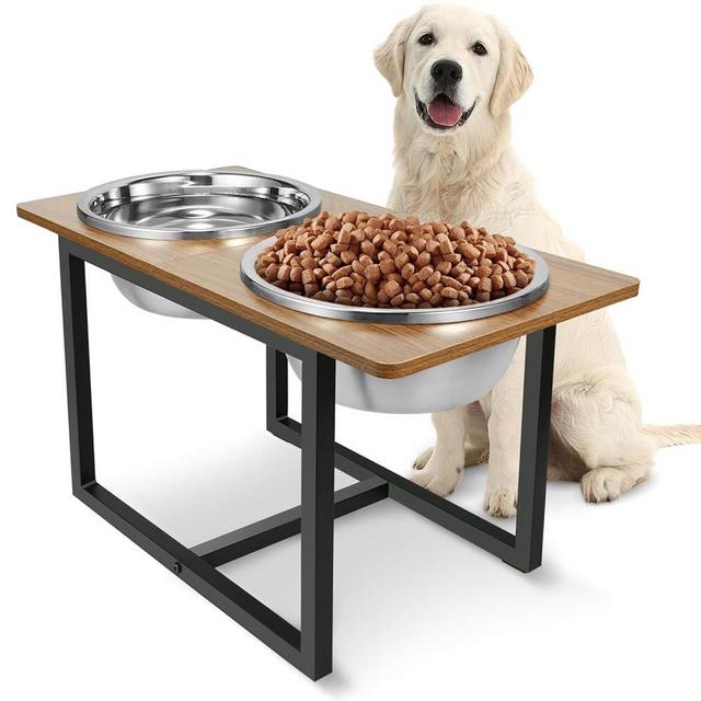Spacnom Elevated Dog Bowls for Large Dogs, Raised Dog Bowl Stand with Two X-Large Stainless Steel Dog Bowls for Extra Large Dogs, 3.5L Capacity, Rustic Walnut