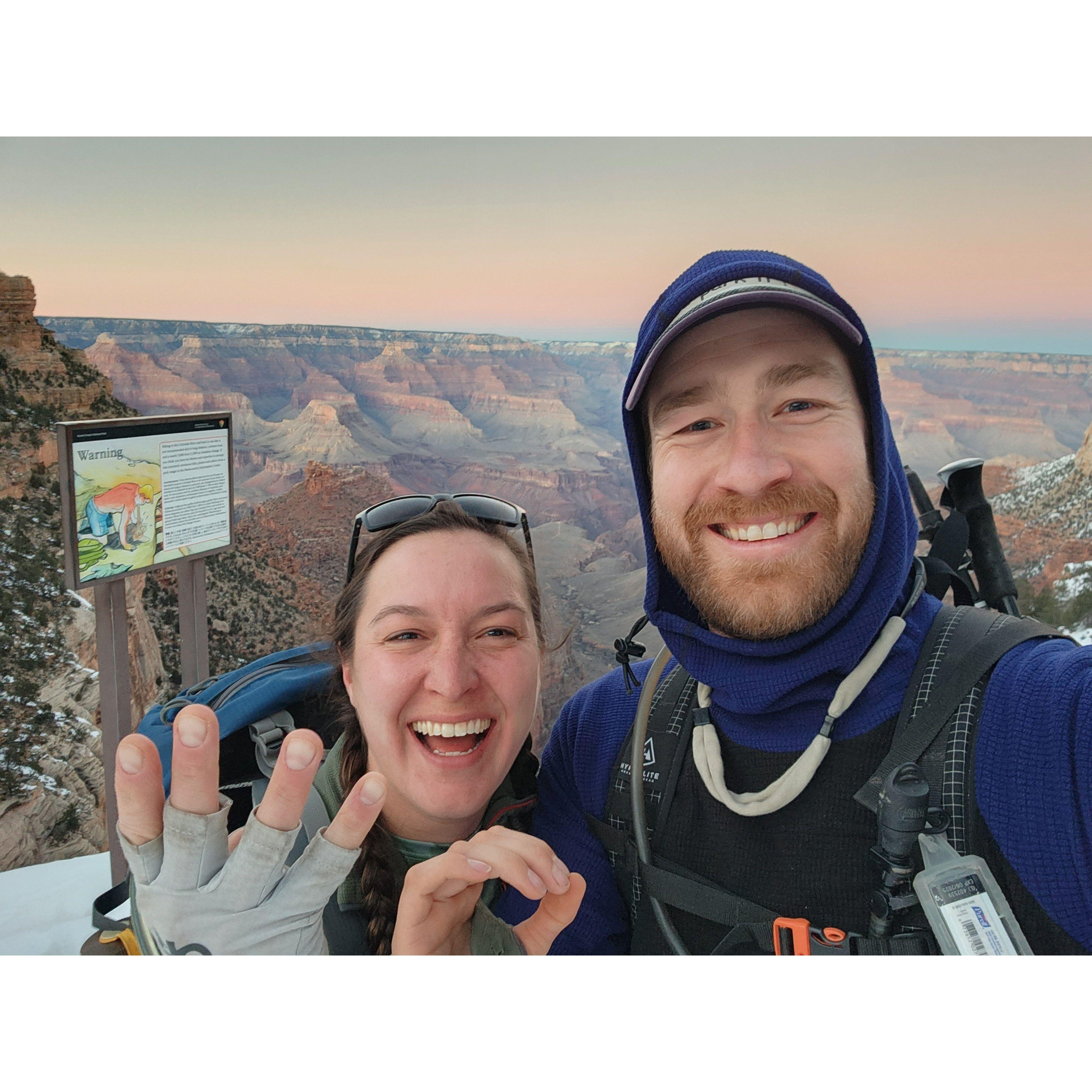 On Dave's 40's birthday, we hiked to the Colorado River and back. In the background is everyone's favorite Grand Canyon warning sign featuring Victor Vomit. Hi, Victor!