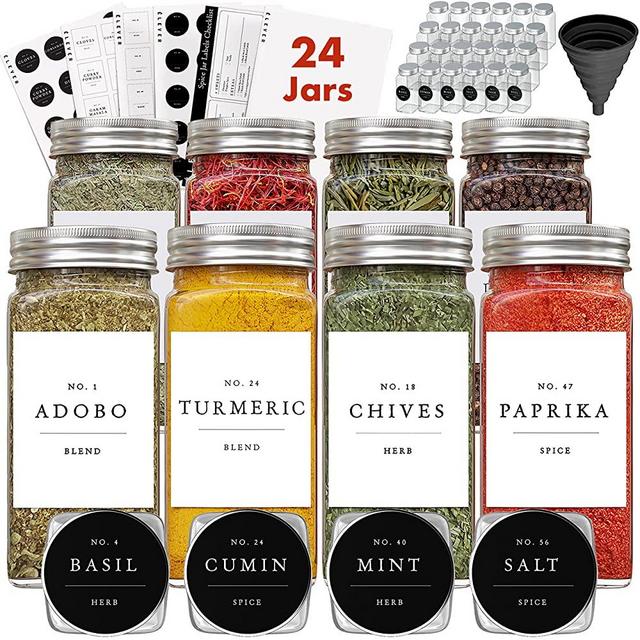 Spice Jars with Label, Glass Spice Jars Glass Empty 4 oz Glass Jars with Lids, Spice Containers with Labels, Seasoning Organizer Spice Labels, Spice Bottles Empty Glass Labels Seasoning Containers