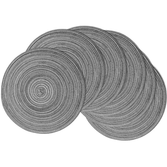 Braided Round Placemats Set of 6, Woven Washable Non-Slip Table Mats for Kitchen Dining, 15 Inch, Heat Resistant - Natural Fabric Indoor Outdoor Place Mats(Black Gray)