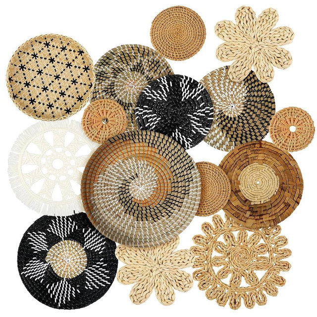 Xuhal 15 Pcs Boho Wall Basket Decor Handcrafted Seagrass Woven Wall Basket Rustic Round Woven Hanging Art for Home Farmhouse Kitchen Table Living Room(Stylish Style)
