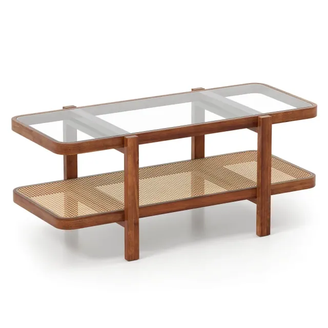 Costway 2-Tier Rustic Coffee Table with Storage Tempered Glass Tabletop PE Rattan Shelf Brown