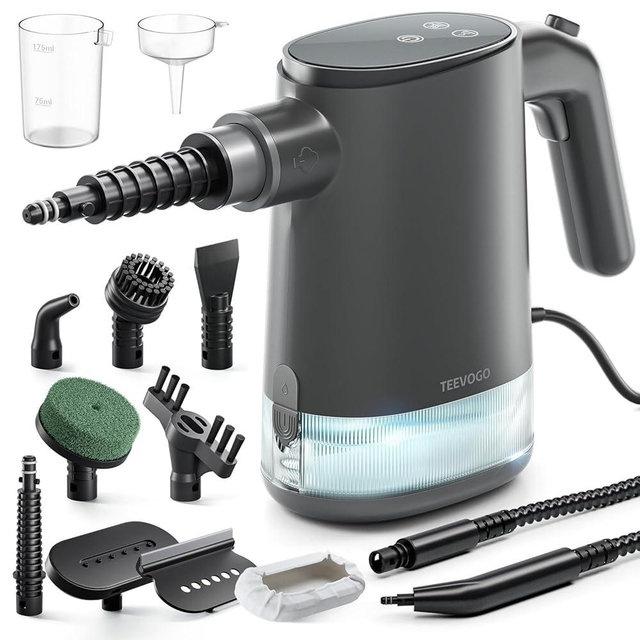 TEEVOGO Handheld Steam Cleaner for Home, Portable Steamer Cleaner with 12 Accessories, 15S Fast Heat Up, Steam Adjustable, Steamer for Cleaning Grout, Floor, Kitchen, Bathroom, Windows, Black