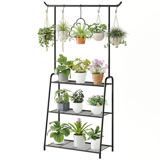 Wieghda Metal Plant Stand Indoor Outdoor, 3 Tier Tall Corner Plant Shelf, Hanging Flower Ladder for Living Room, Balcony, Garden, Patio (Black)
