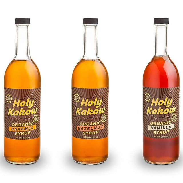 Holy Kakow Cafe Organic Syrup Variety Pack - Caramel Syrup, Hazelnut Syrup, Vanilla Syrup, Organic Syrup for Coffee, Latte, Cocktail - 750ml 3-Pack