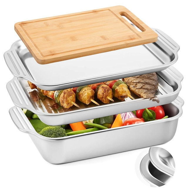 Tiangrid 4 Pcs Grill Prep Trays Set Stackable Stainless Steel Grilling Prep and Serve Tray Includes 2 Deep Grill Platter, Shallow BBQ Serving Tray and Bamboo Cutting Board for BBQ Outdoor Grilling