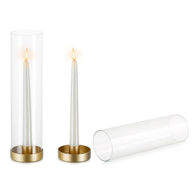 NUPTIO Gold Taper Candle Holders: 2 Pcs Hurricane Metal Candlestick Holder Stand with 11.81 inch Tall Clear Glass Open Ended Cylinder Covers for Tapered Candles Wedding Party Centerpieces for Tables