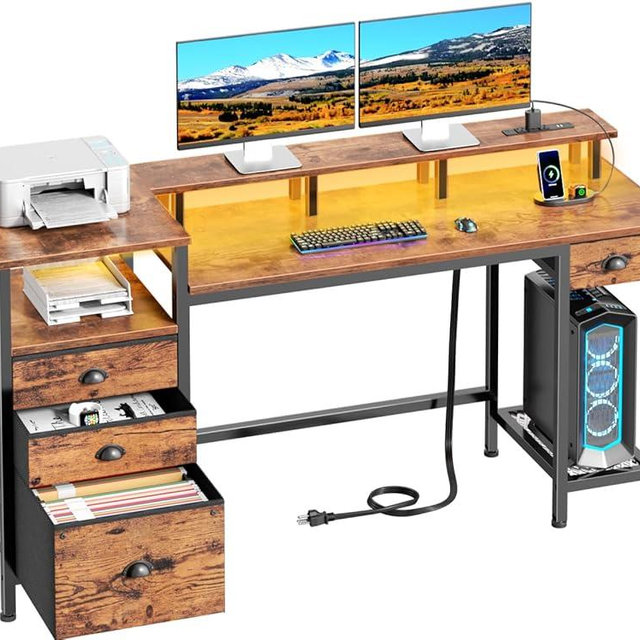 Furologee Computer Desk with 4 Drawers, 60" Office Long Desk with Fabric File Cabinet and Power Outlets, Gaming Desk with LED Lights, Study Writing Work Desk for Home Office, Rustic Brown