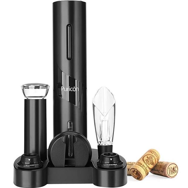 Puricon Electric Wine Opener Set, Automatic Electric Wine Bottle Opener Corkscrew, Foil Cutter, Wine Aerator Pourer, Wine Saver Vacuum Pump with 2 Wine Bottle Stoppers, Battery Powered -Black