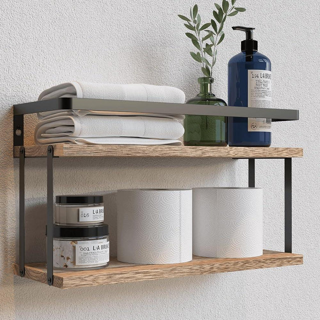 RICHER HOUSE Dual-Level Guardrail Floating Shelves, Rustic Wood Shelf Wall Mounted, Over Toilet Paper Storage Shelf for Bathroom Wall Decor, Bathroom Organizers and Kitchen Storage - Rustic Wood