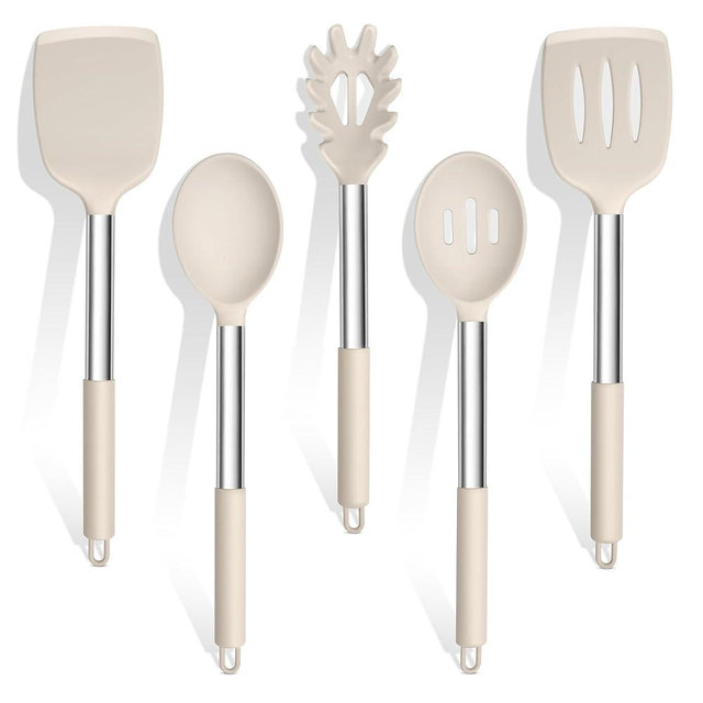 TeamFar Cooking Utensils Set, 5 PCS Silicone Kitchen Utensils with Stainless Steel Handle for Nonstick Cookware Turning Flipping Frying Draining, Heatproof & Healthy, Nonstick & Easy Clean, Khaki