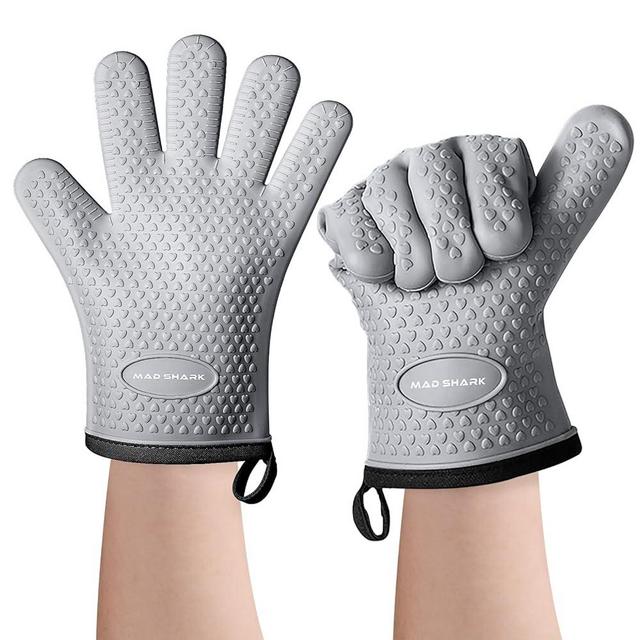 MAD SHARK Silicone Oven Mitts Heat Resistant 450 Degrees with Waterproof & Non-Slip Oven Gloves with Fingers, Silicone Oven Gloves Kitchen Mittens for Baking Cooking Barbecue (GREY1)