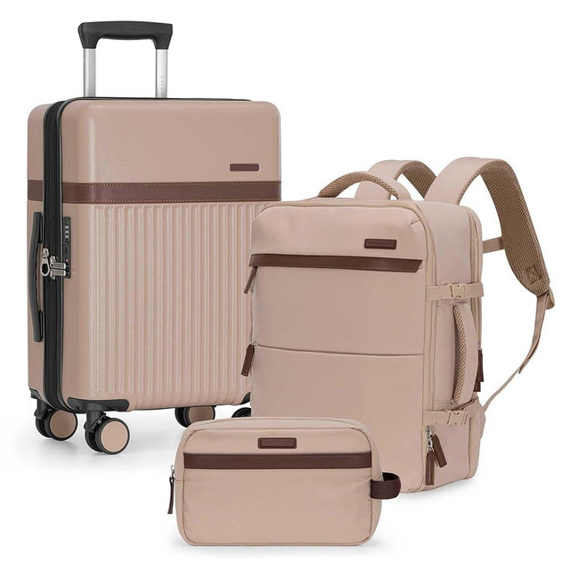U.S. Traveler Vista Way 3-Piece Travel Set, 21-Inch Carry-on Hardside with TSA Lock, 18-Inch Travel Backpack with Laptop Sleeve, Toiletry Bag, Beige