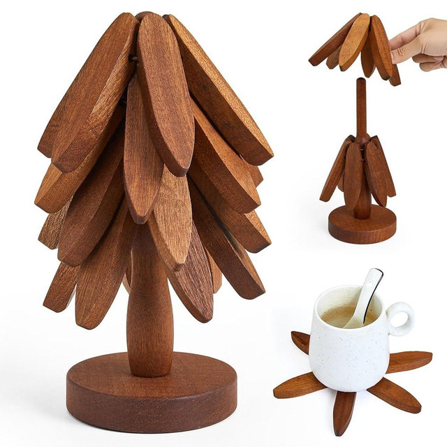 YUEXINKJWooden Trivets for Hot Dishes Shape Set of 4 Walnut Wood Plus 1 Storage Holder Multi-Functional Decorative Heat Resistant Mats Pots Bowls Teapots Pans Handcrafted Non-Slip Design