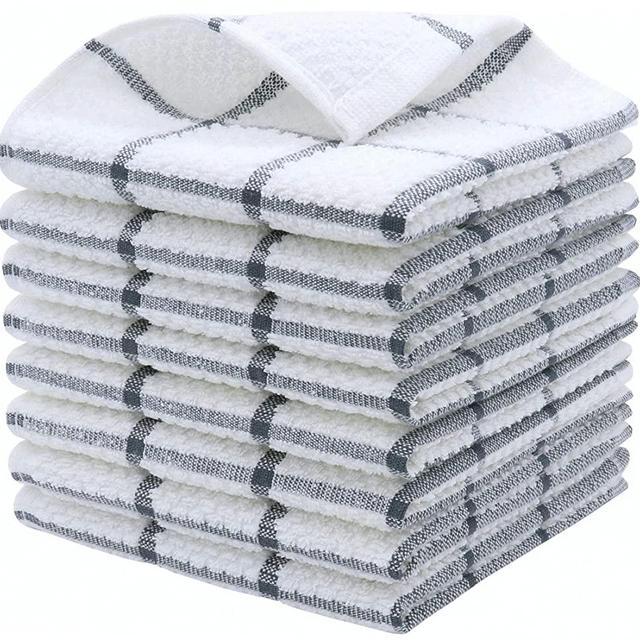 100% Cotton Grid Dish Cloths, Terry Cleaning Rags, 12 x 12 Inches, Light and Soft, Quick Drying Dish Rags, 8pc/Set (Grey)