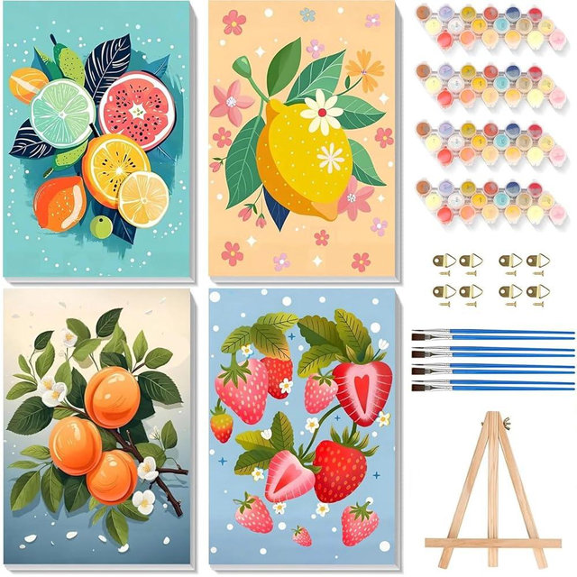 4 Pack Paint by Numbers for Adults with Framed Canvas - with Wooden Easel, Fruit Paint by Number for Beginners, Easy Acrylic Oil Painting Kits on Canvas with Brushes for Home Wall Decor (8x12 inch)