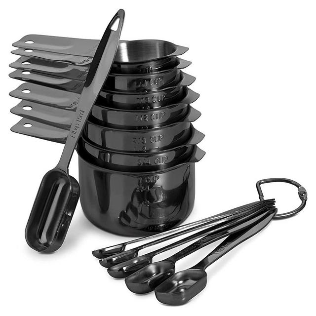 13-piece Measuring Cups and Spoons Set, 18/8 Stainless Steel Heavy Duty Ergonomic Handle with Ring Connector, Dark Grey