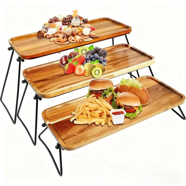 3 Tier Cupcake Stand and Towers Serving Tray for Party, Acacia Wooden Dessert Table Display Set, Rustic Wood Serving Platters & Charcuterie Board for Party, Picnic, Buffet (Acacia)