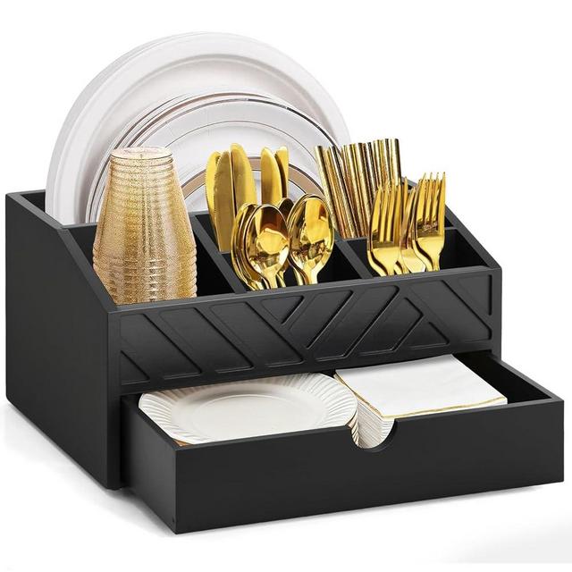 Paper Plate Dispenser with Drawer, Wooden Utensil Holder for Kitchen Accessories, Rustic Paper Plate Holders for Countertop, Large Silverware Caddy Organizer for Napkins, Cups, Forks, Spoons (Black)