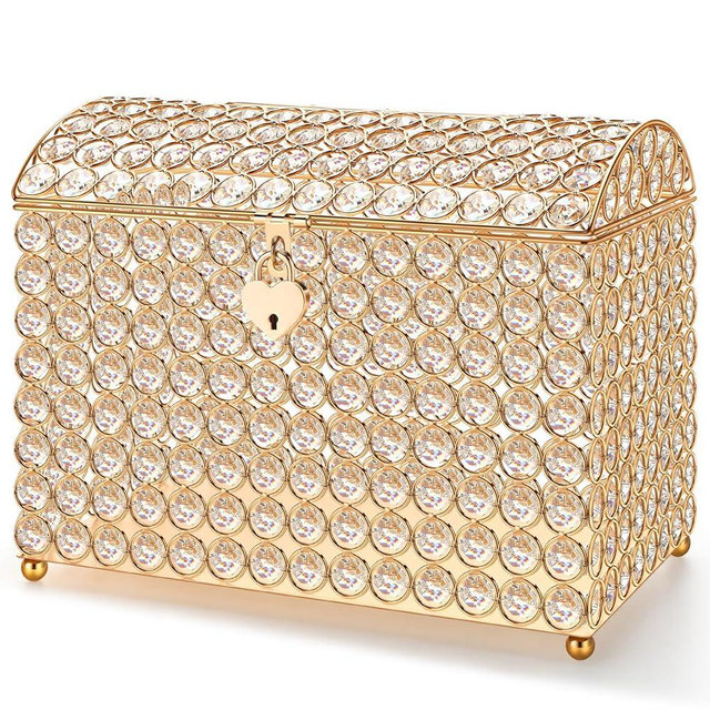 Nitial Crystal Wedding Card Box with Heart Lock 11in Wedding Money Box Treasure Chest Gold Bead Card Receiving Memory Storage for Reception Brithday Graduation Baby Shower Party (Elegant Style)