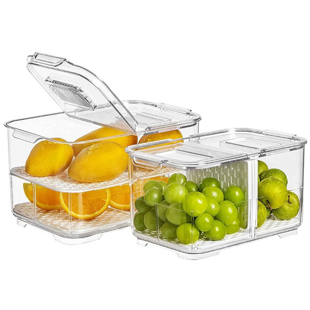 Produce Saver with Folding Lids,vacane 2Piece Fruit Vegetable Storage Container with Vents Stackable Fridge Drawers Organizer Salad Lettuce Keeper For Refrigerator,Bpa-free Fresh Keeper,5.7L&2.8L