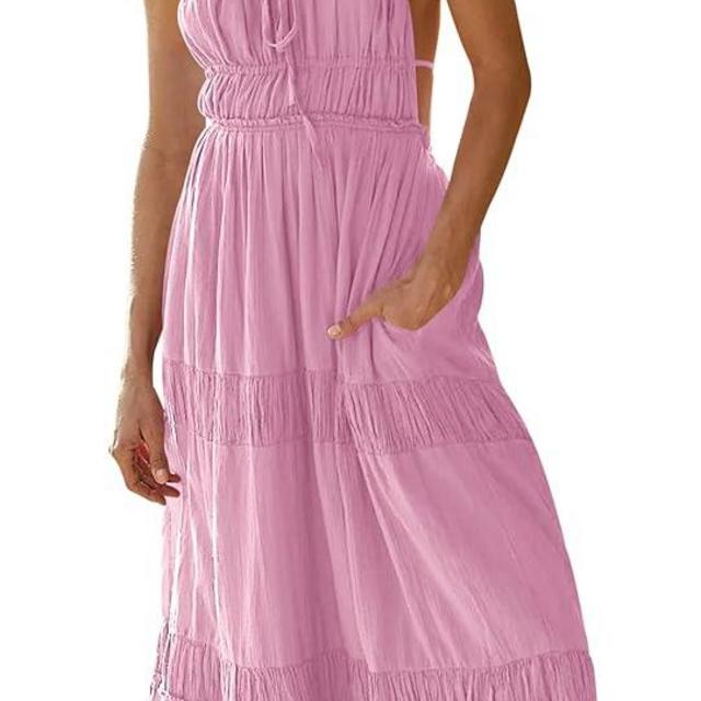 Wenrine Women's Summer Dresses Casual Long Spaghetti Straps Backless Self Tie Tiered Flowy Maxi Dresses with Pockets