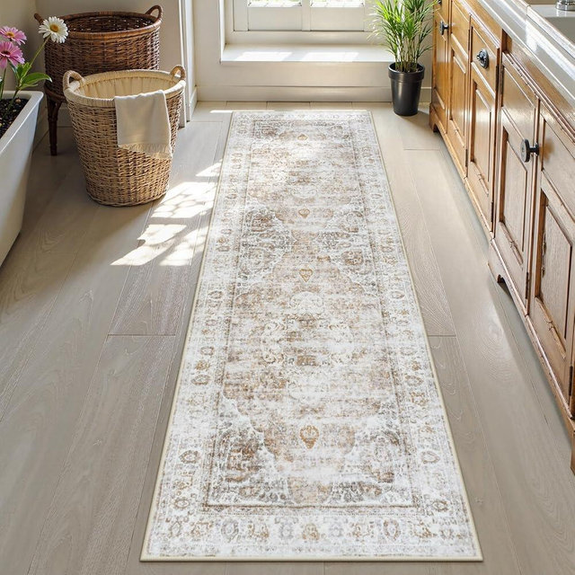 Uphome Bathroom Runner Rug, Distressed Tribal Farmhouse Light Khaki Bathroom Mat, Large Bathroom Rugs Non Slip Washable, Oriental Retro Boho Bath Mat Runner for Bathtub Sink Hallway, 24x71 inch