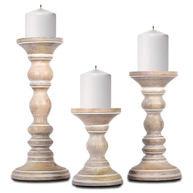 Rustic Wood Candle Holders, Set of 3 – Hand Carved Decorative Candle Holders for Living Room, Table Centerpiece, or ATOP a Mantle - Wood Candle Holders from Mango Wood Whitewash Finish - 6", 9", 12"
