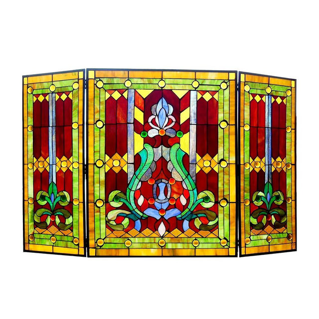 Chloe Lighting 3pcs Folding Victorian 44" Wide Tiffany-Glass Fireplace Screen, Red