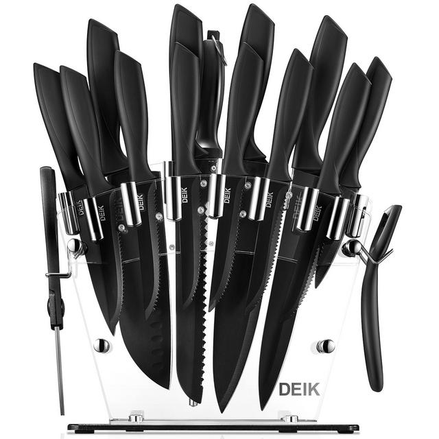 Deik Knife Set, 16 PCS High Carbon Stainless Steel Kitchen Knife Set, BO Oxidation for Anti-Rusting, Black Knife Set with Acrylic Stand and Serrated Steak Knives